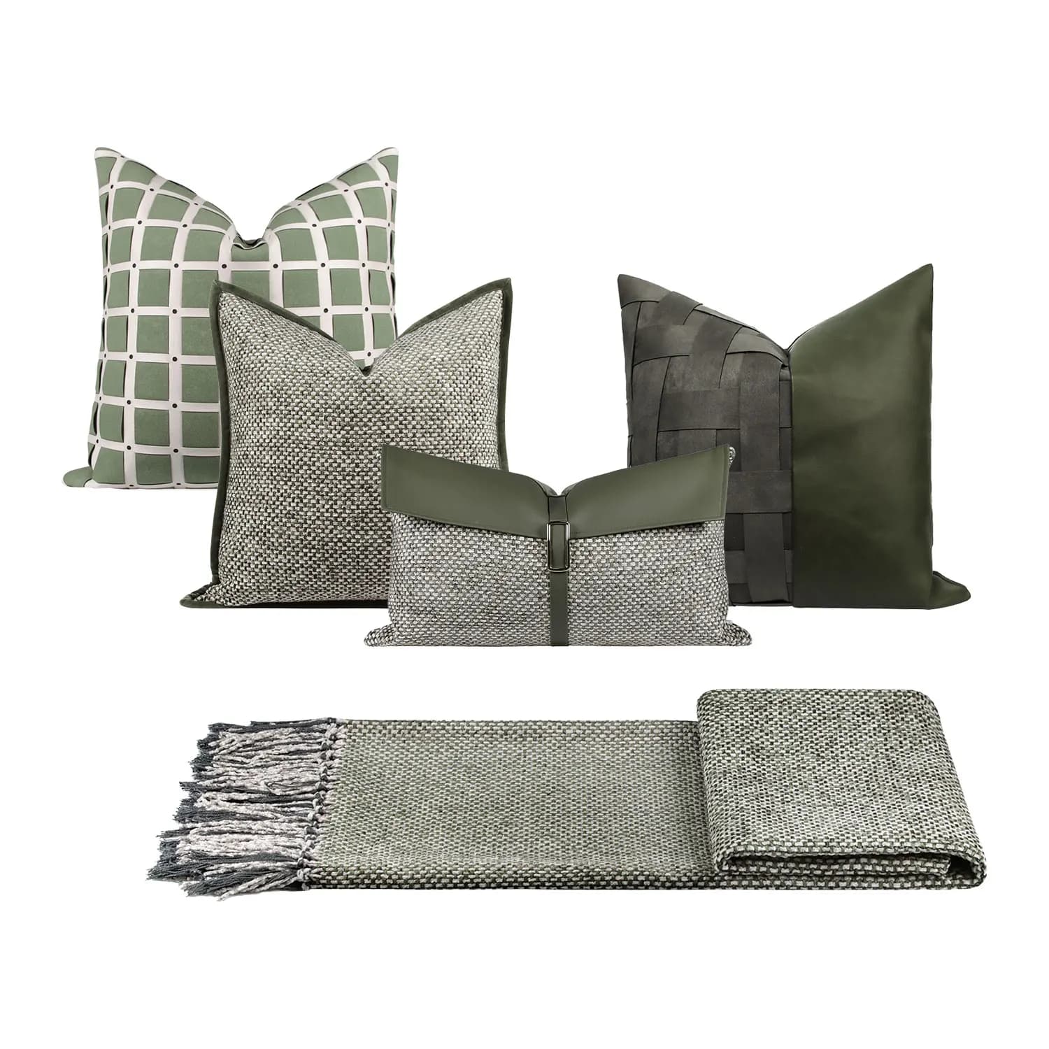 RUIYI Decorazione Casa Serie Verde, Copricuscino Comodo per Divano, Tessuto Testurizzato con Accenti in Pelle, Federa Moderna Boho