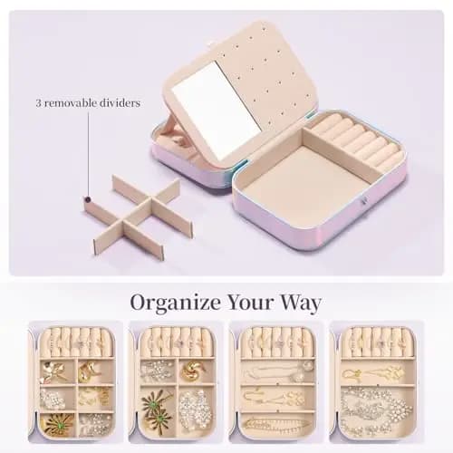 Compact Holographic Jewelry Organizer With Mirror And 3 Adjustable Dividers For Earrings Rings Necklaces Travel Storage