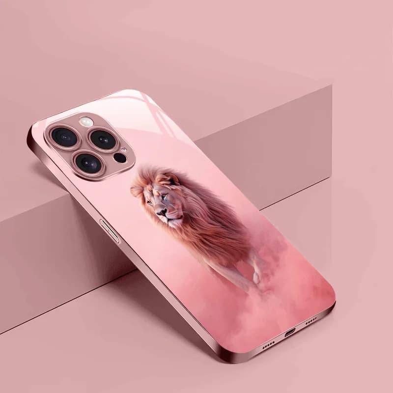 Lion Fashion Pattern Metallic Paint Glass Phone Case Suitable for iPhone 17 16 15 14 13 12 11 Pro/Max/Plus Anti Shock Back Cover