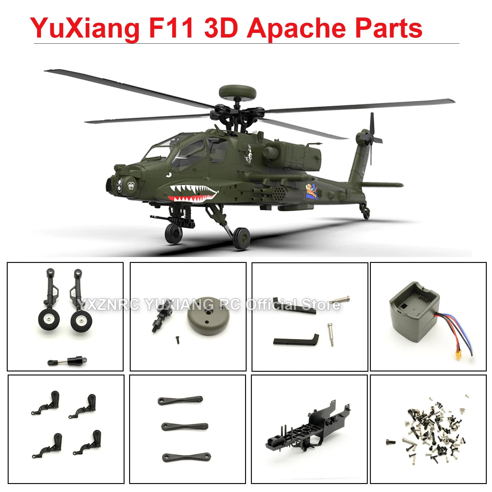 YXZNRC YUXIANG F11 AH-64 Apache 3D RC Parti di elicotteri Fusoliera Lama principale Grip Rotore di coda orizzontale Servo Accessori