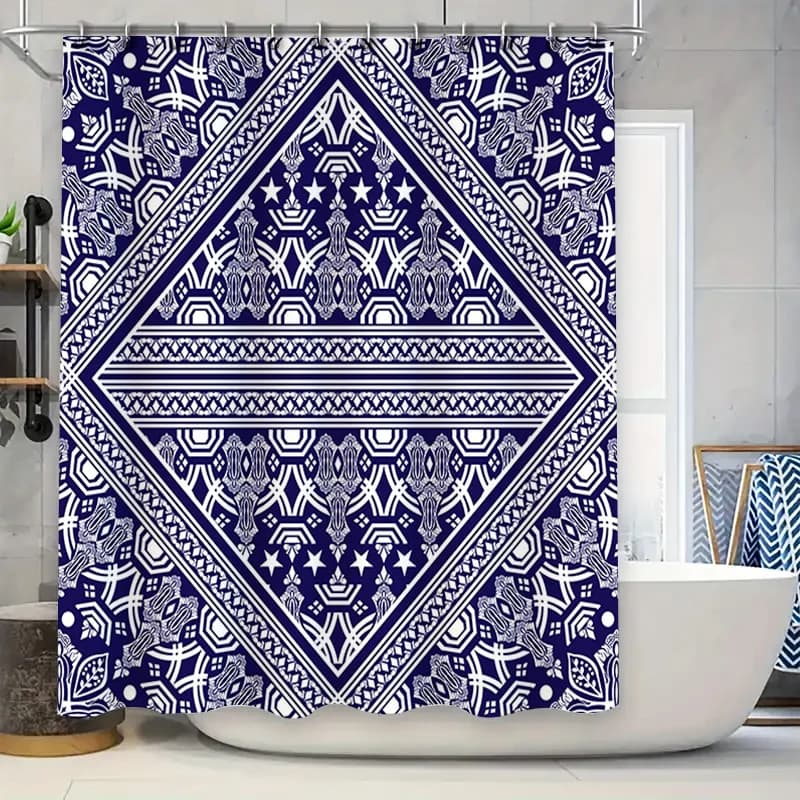 Tenda da doccia da bagno bianca blu decorativa in tessuto lavabile con stampa impermeabile per la casa appesa nella decorazione della vasca da bagno (180x245c