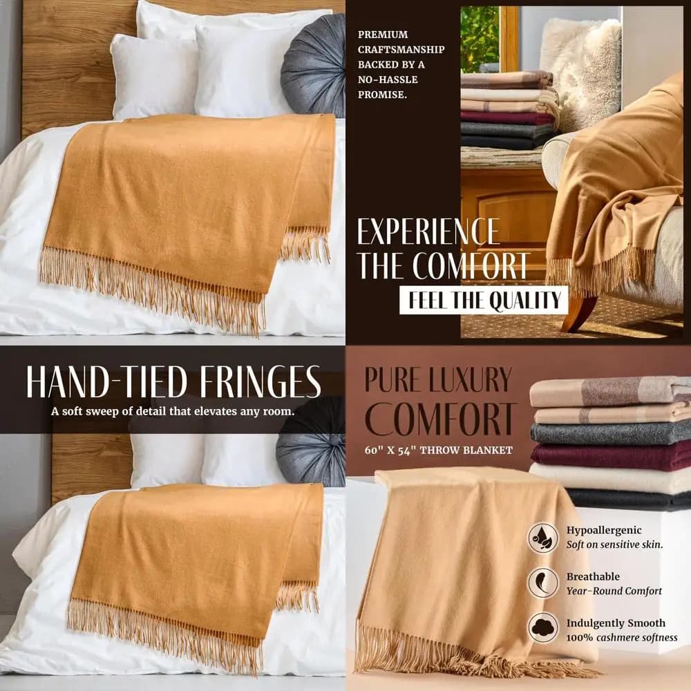 Lussuoso Plaid in 100% Cashmere, 60x54 Pollici, Morbido e Caldo con Frange per Casa e Viaggi (Camel)