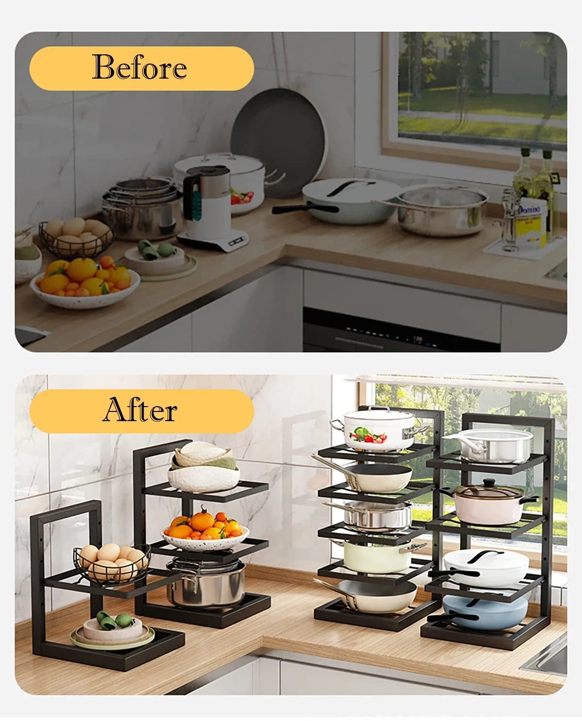 Adjustable Carbon Steel Pot Rack, Multi‑Layer Cookware Frying Pan Storage Organizer for Kitchen Cabinet