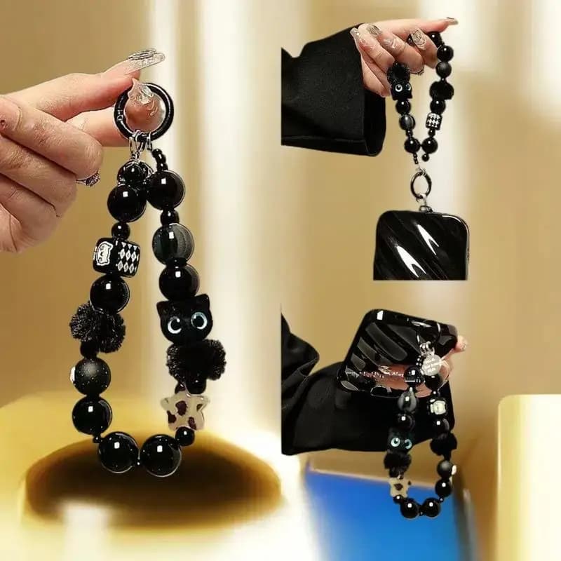 Niche high-end black plush cat mobile phone lanyard bead bracelet wrist strap car keychain bag pendant