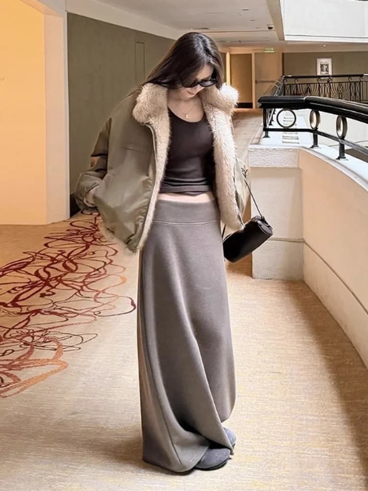 Superniniyy Thickened Wool Silk Atmosphere Half Skirt No Waist Design Commute Style A-Line Loose Fit Winter Collection