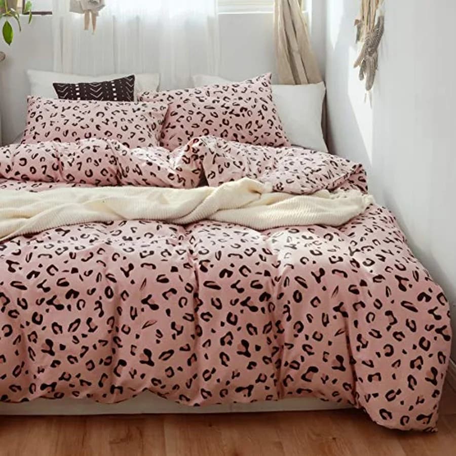 Safari Duvet Cover Set Twin 100% Cotton Bedding Leopard Cheetah Animals Print on Pink 1 Cartoon Comforter Cover with Zipper Clo