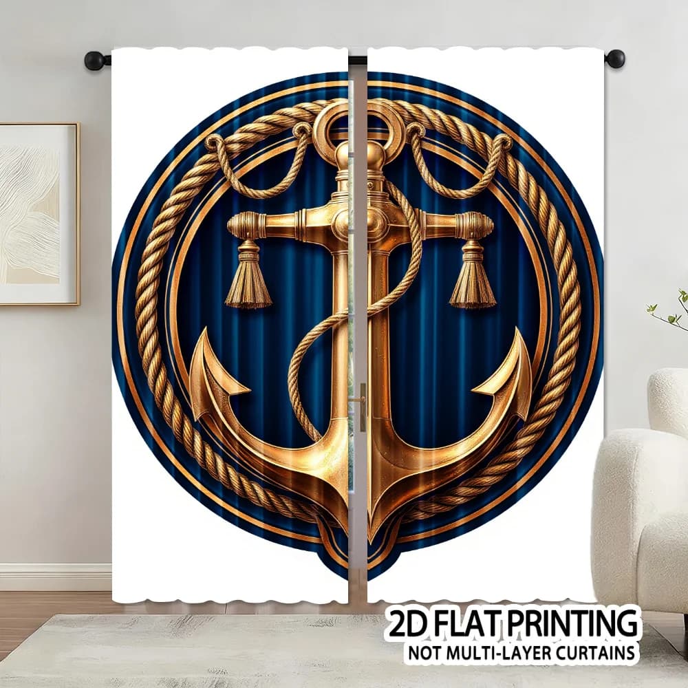 Nautical Gold Anchor Curtain, Blue Rope Circle Pattern Drape, Marine Style Window Treatment for Living Room Bedroom Home Decor