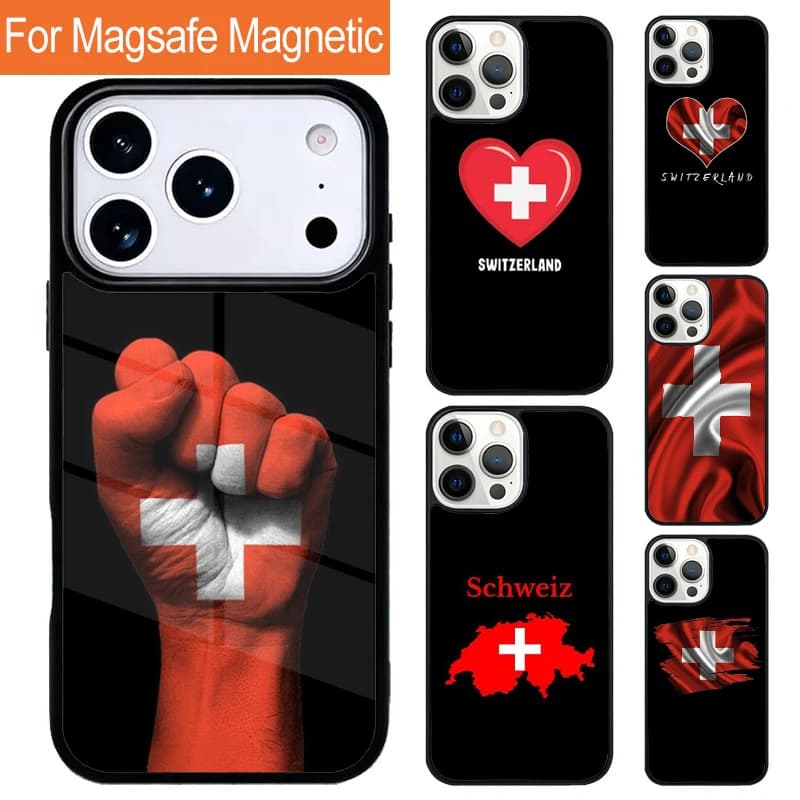 Custodia Magnetica Wireless Morbida con Bandiera Svizzera per iPhone 17 Pro 16 15 13 12 11 Pro Max Air 14 Plus con Cover Magsafe