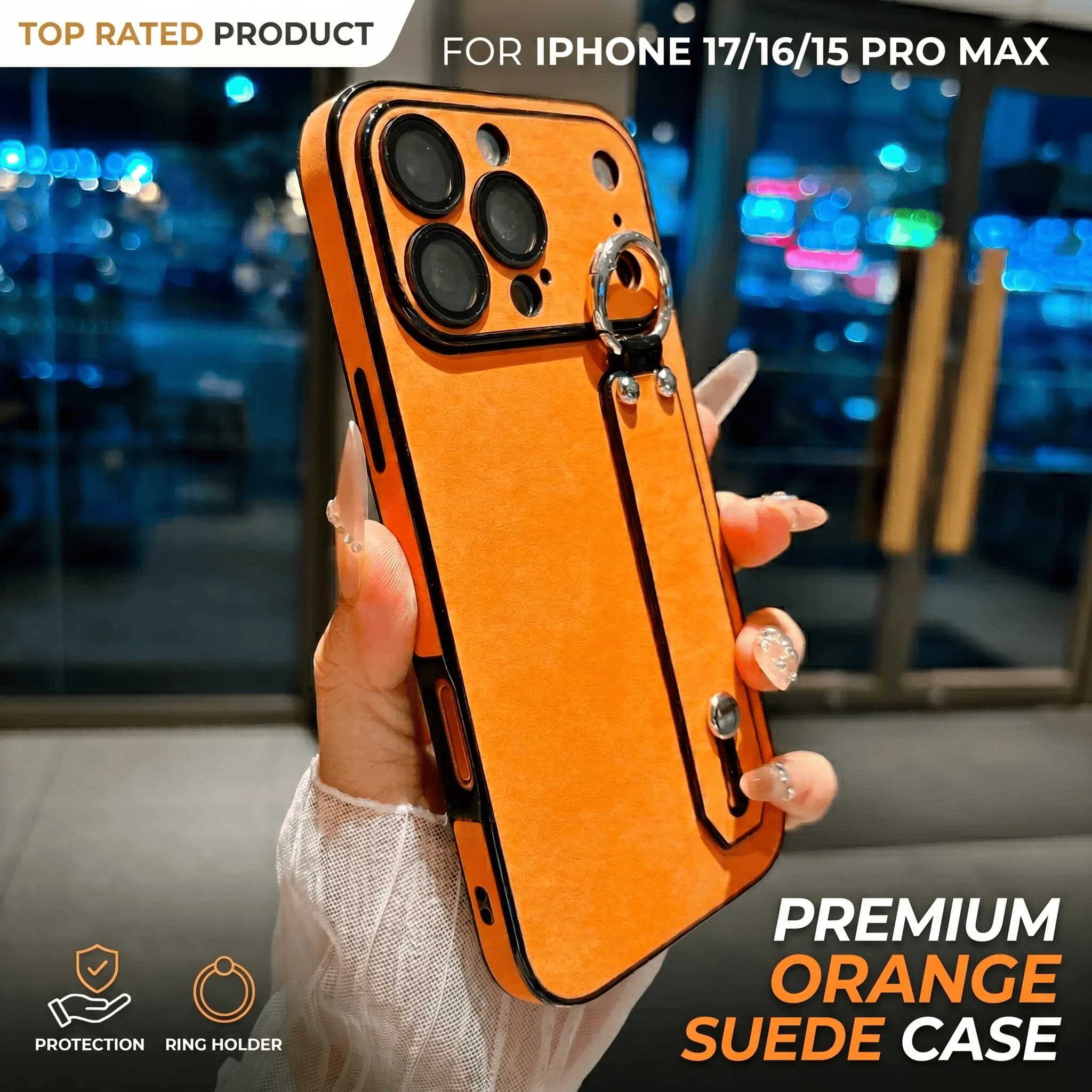 Custodia per telefono in pelle scamosciata con cinturino da polso per iPhone 17 16 15 14 13 Plus Pro Max, con ampio finestra per la protezione della fotocamera e cover antiurto