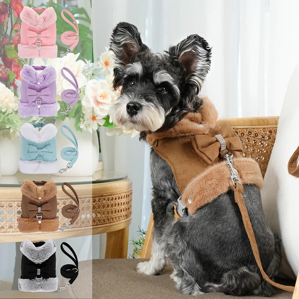 Guinzaglio invernale caldo per cuccioli di cane Guinzaglio carino Bowknot Cani Pettorine per gatti Gilet imbottito in pelliccia per animali domestici con corda di piombo abbinata per cani Carlino