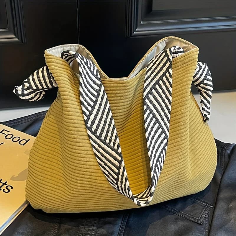 2026NewGrey Corduroy Tote Bag with Plush Interior - ic Closure Large Handbag, Soft Casual Shoulder Purse for Daily Commute & Shopping - Corduroy Hand Carry Bag