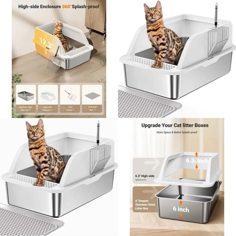 Lettiera per Gatti in Metallo Extra Large Chiusa con Bordi Alti, Coperchio, Tappetino Facile da Pulire e Kit Paletta per Gatti Grandi, Design Anti-Perdita (Wh