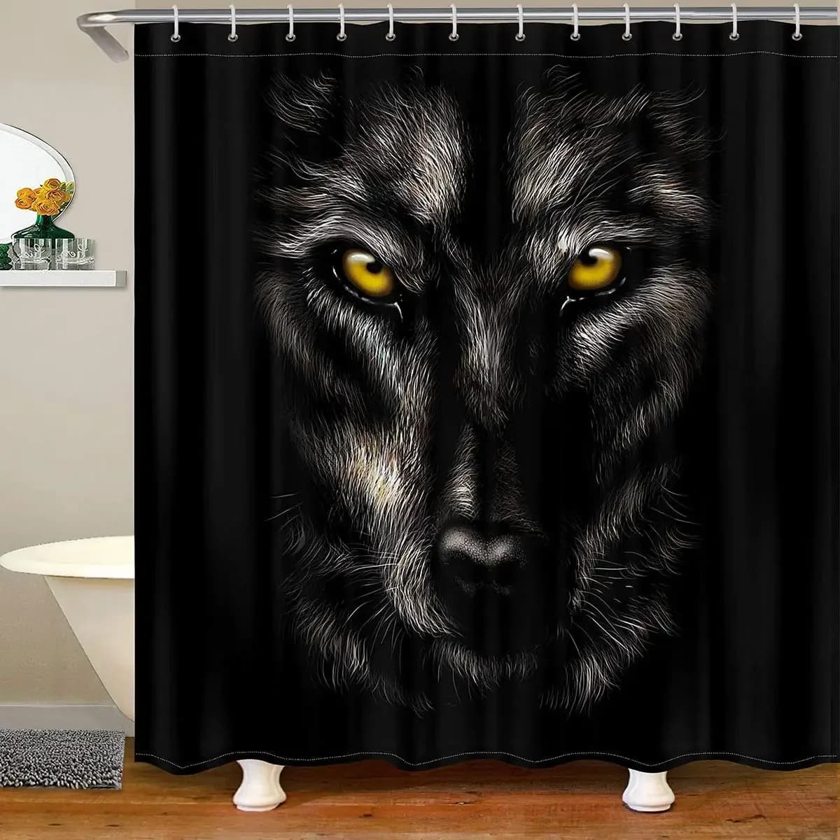 Tenda da doccia con lupo, animale selvatico con una espressione arrabbiata Fotografia a tema fauna del bosco, set di decorazioni per il bagno in tessuto con ganci
