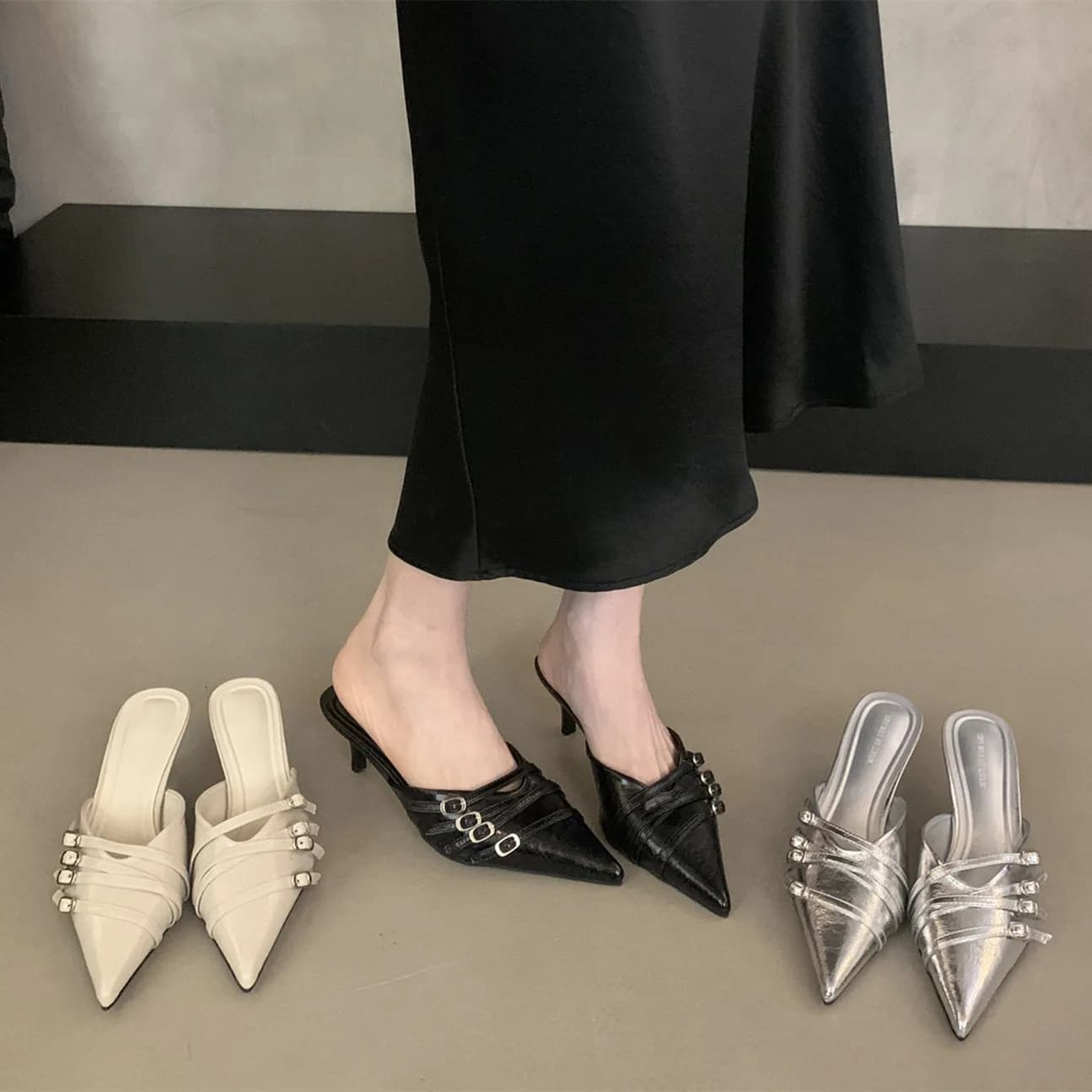 Bailamos Brand New Women's Shoes Fashion Pointe Toe Slip on Little Deep Slippers Elegant Sandals with Slim Low Heel