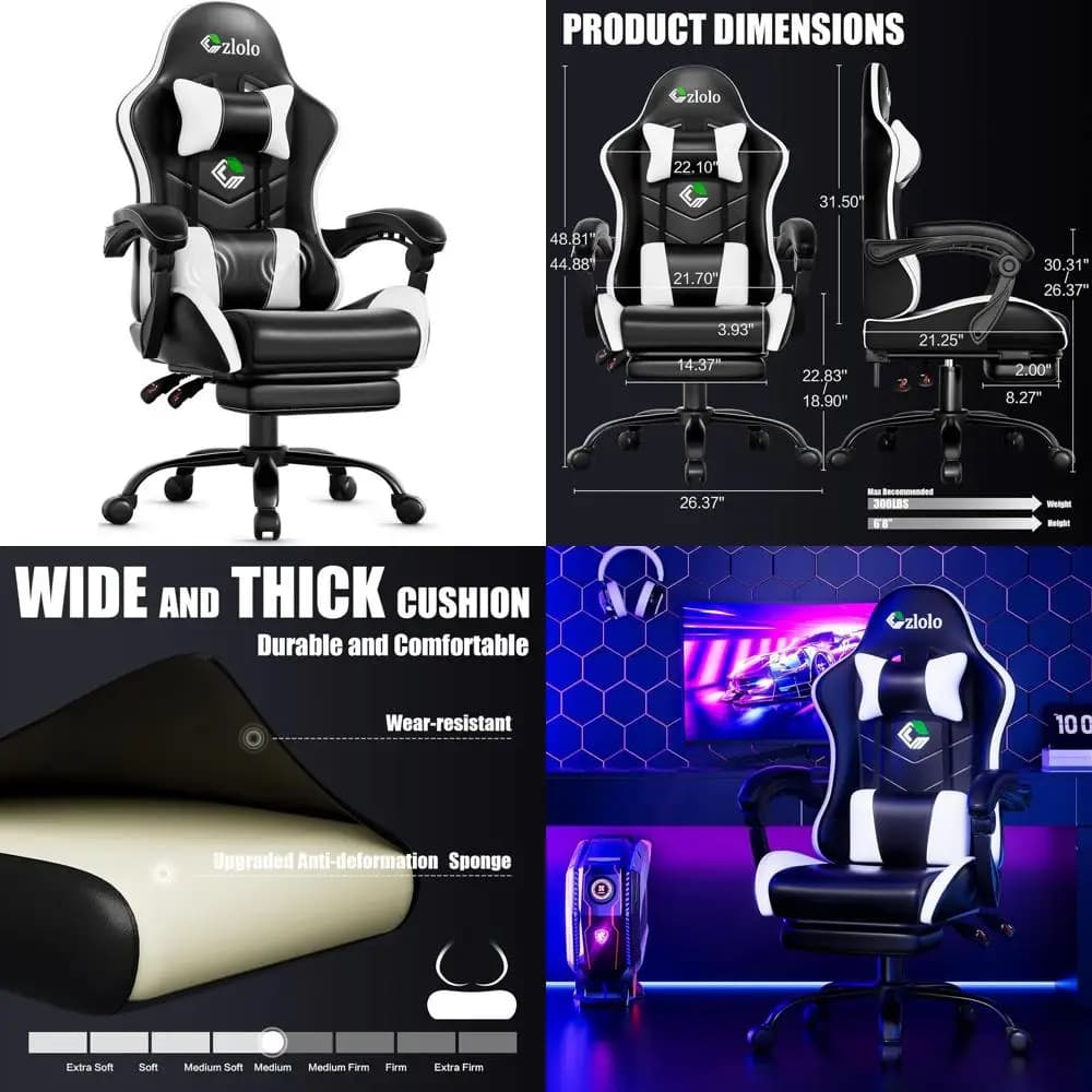 Sedia da Gaming Stile Racing con Massaggiatore Lombare, Sedia da Scrivania Girevole con Schienale Alto, Gambe in Metallo, Bianco Freddo