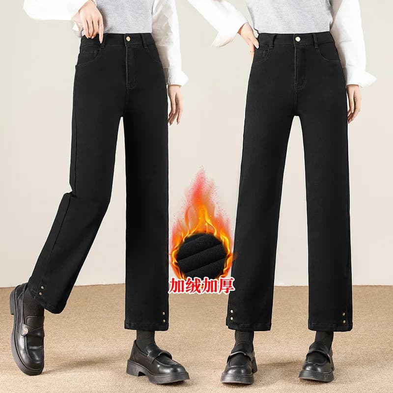 Pantaloni baguette dimagranti a vita alta da donna, jeans a gamba dritta a nove punti invernali foderati in pile
