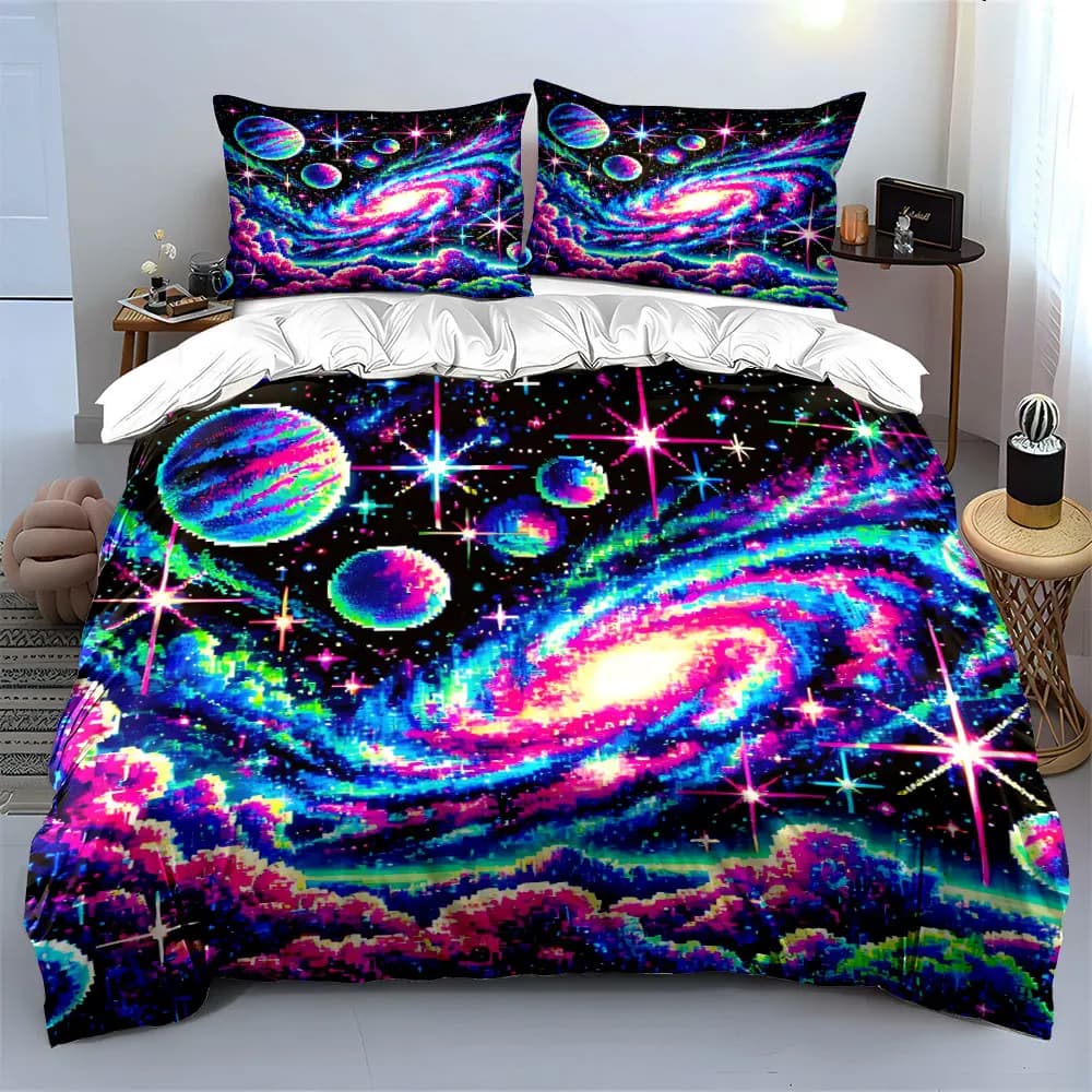 Set Decorativo a Tema Galassia in Tre Pezzi, Morbido e Confortevole Set Copripiumino con 1 Copripiumino e 2 Federe, Regalo