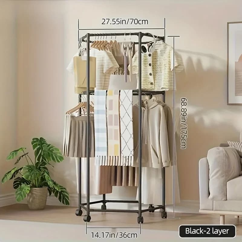 Hexagonal Rotating Clothes Rack with Wheels, Double-Layer Clothes Rack, Household Clothes Rack, Movable, Nail-Free Installation, Multifunctional, Thickened Design, Suitable for Any Place, Stable Independent Hanging Rack, Portable Design, Efficient Clothing Storage and Display, Black/White, Laundry Room Organizer | Hexagonal Design | Metal Structure