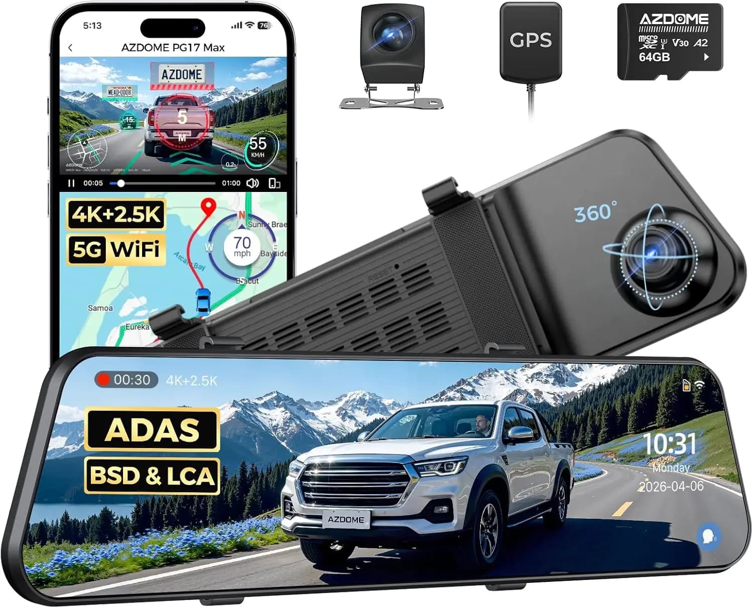 Specchietto Retrovisore con Dash Cam 4K Anteriore e 2.5K Posteriore, Avvisi ADAS, BSD e LCA, WiFi 5.8GHz, Controllo Vocale - Migliora la Tua Guida