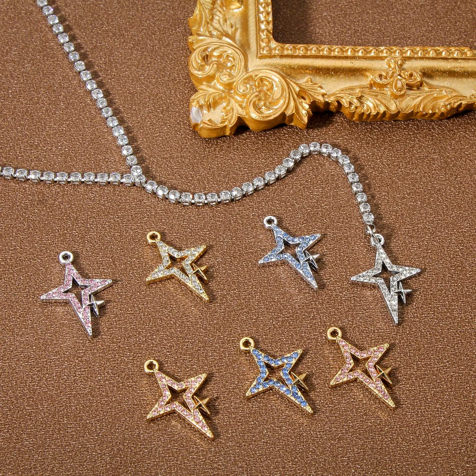 10PCs Shining Crystal Star Charms Alloy Galaxy Star Pendants For Women Necklace Earrings Diy Handmade Making Supplies 23x16mm