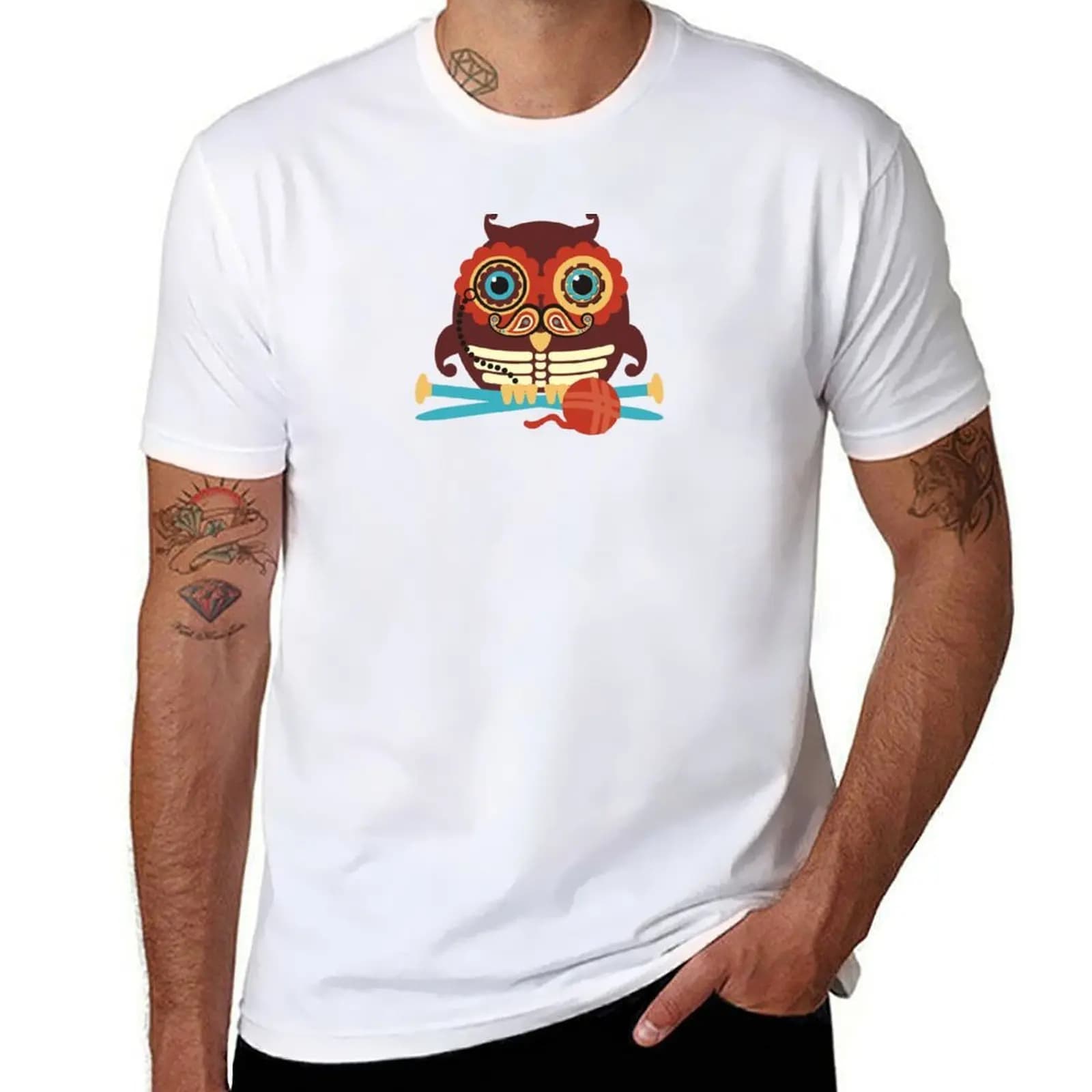 knitting needles owl paisley mustache steampunk skeleton T-Shirt Basic Casual Short Sleeve Cotton Shirt