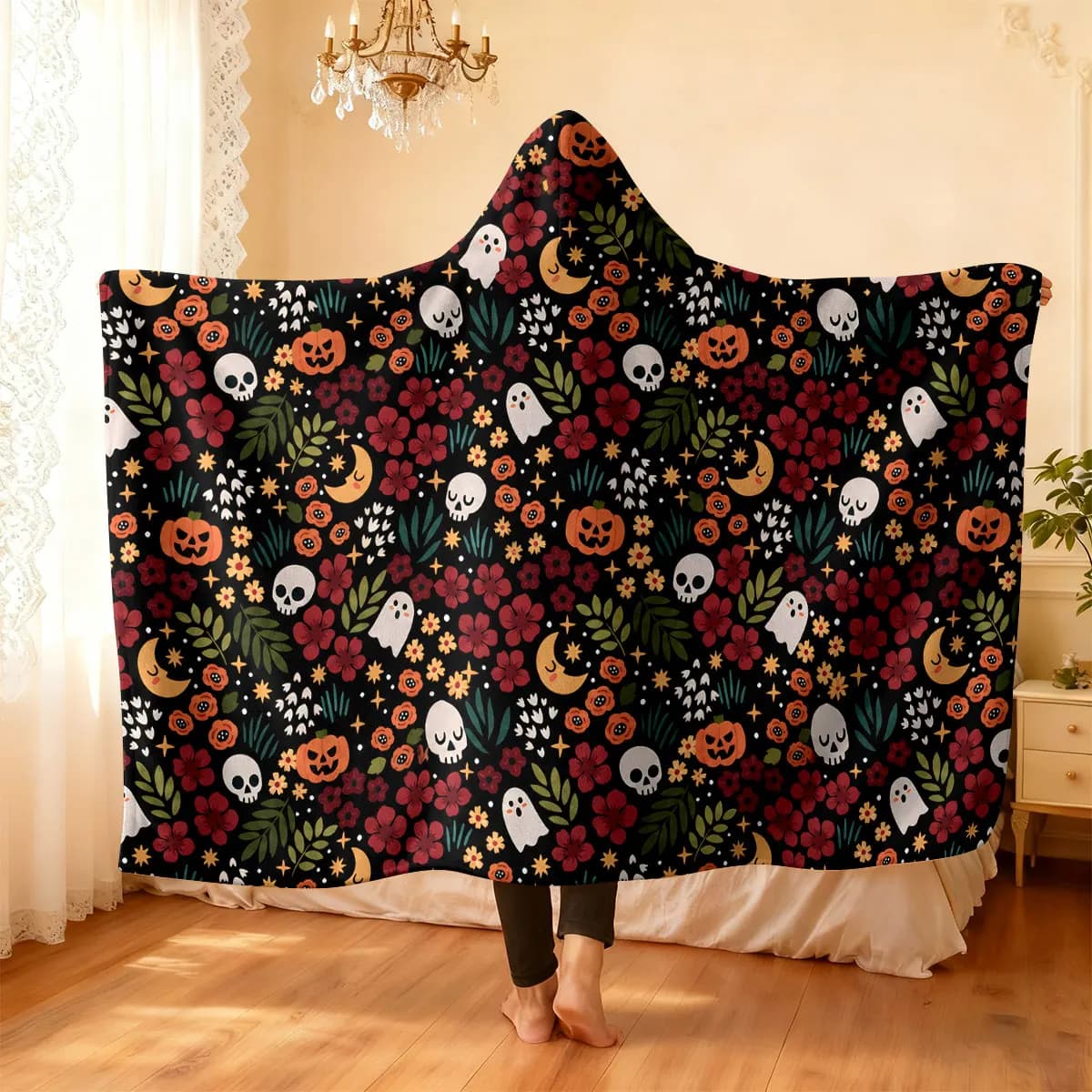 1pc Halloween skeleton ghost pumpkin flower print hooded blanket flannel hoodie wearable cape blanket soft casual blanket