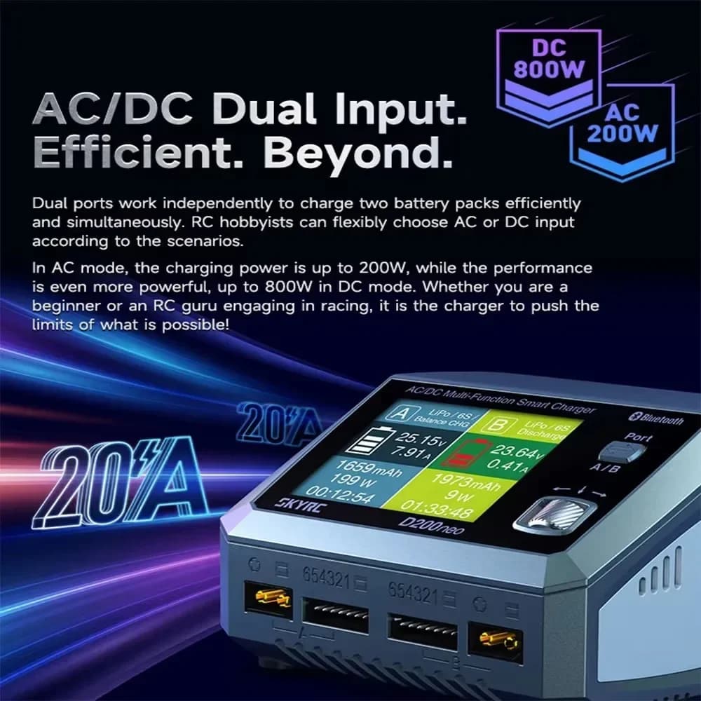 Caricabatterie Intelligente Multifunzione SkyRC D200neo AC/DC, DC800W AC200W, Doppia Porta, Caricabatterie e Scaricabatterie LiPo 1-6S con Funzione di Bilanciamento