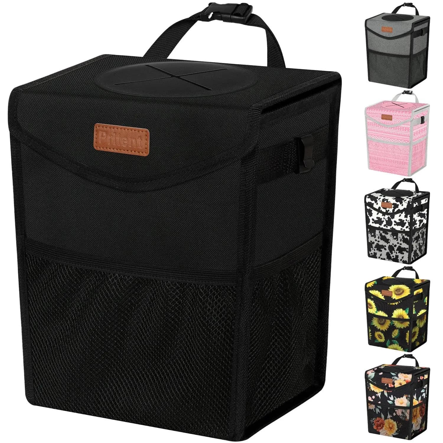 Cestino per auto con coperchio, sacchetto per rifiuti a prova di perdite, piccolo organizer portatile per sedili anteriori/posteriori (trapezoidale nero)