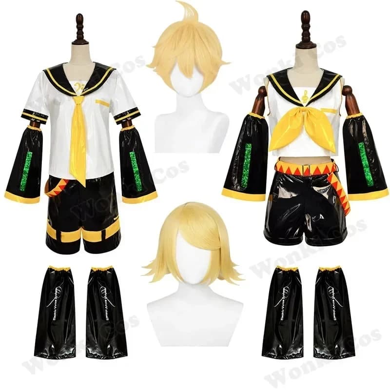 ABC123V Set di Costumi e Parrucche Len Rin per Uomo e Donna, Uniforme in Pelle Verniciata per Cantanti, Gemelli, Cosplay, Feste e Comic Con, 3'f.5;j.8