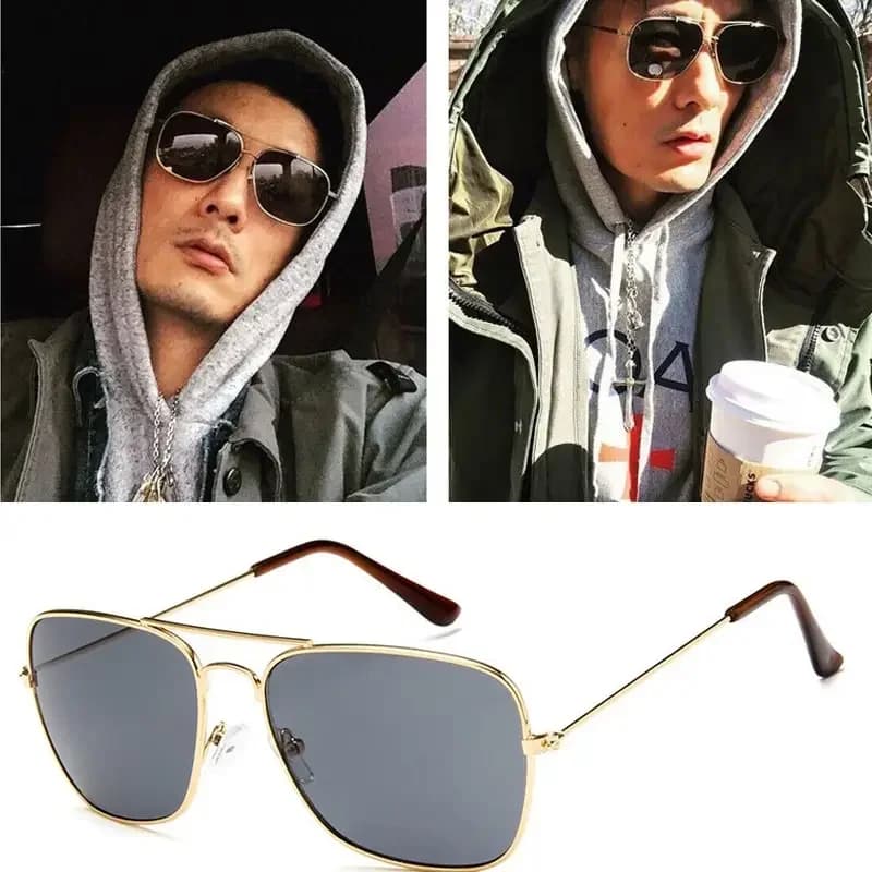 Men Square Flat Lens Aviation Style Sunglasses
