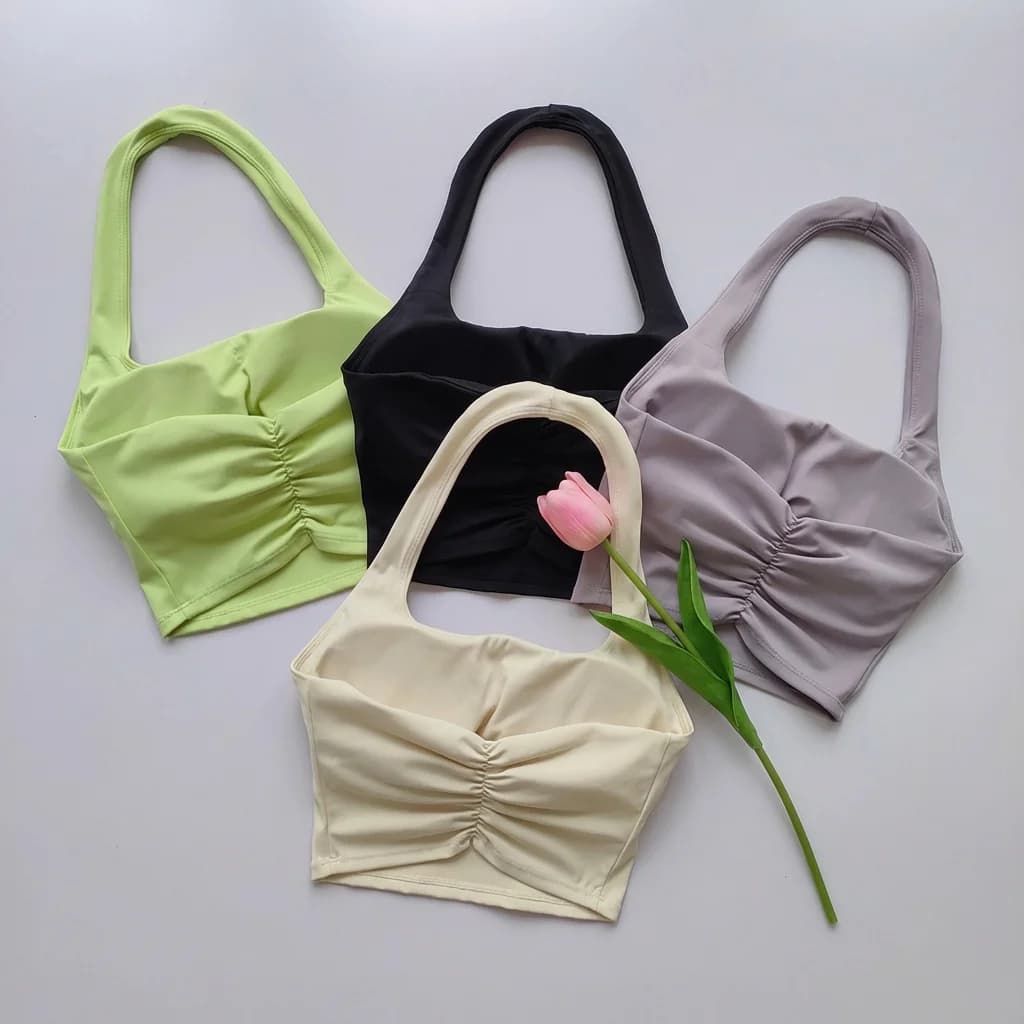 Sexy woman sports bra with American neckline, padded, without back, breathable, for yoga, pilates, fitness, short gym top