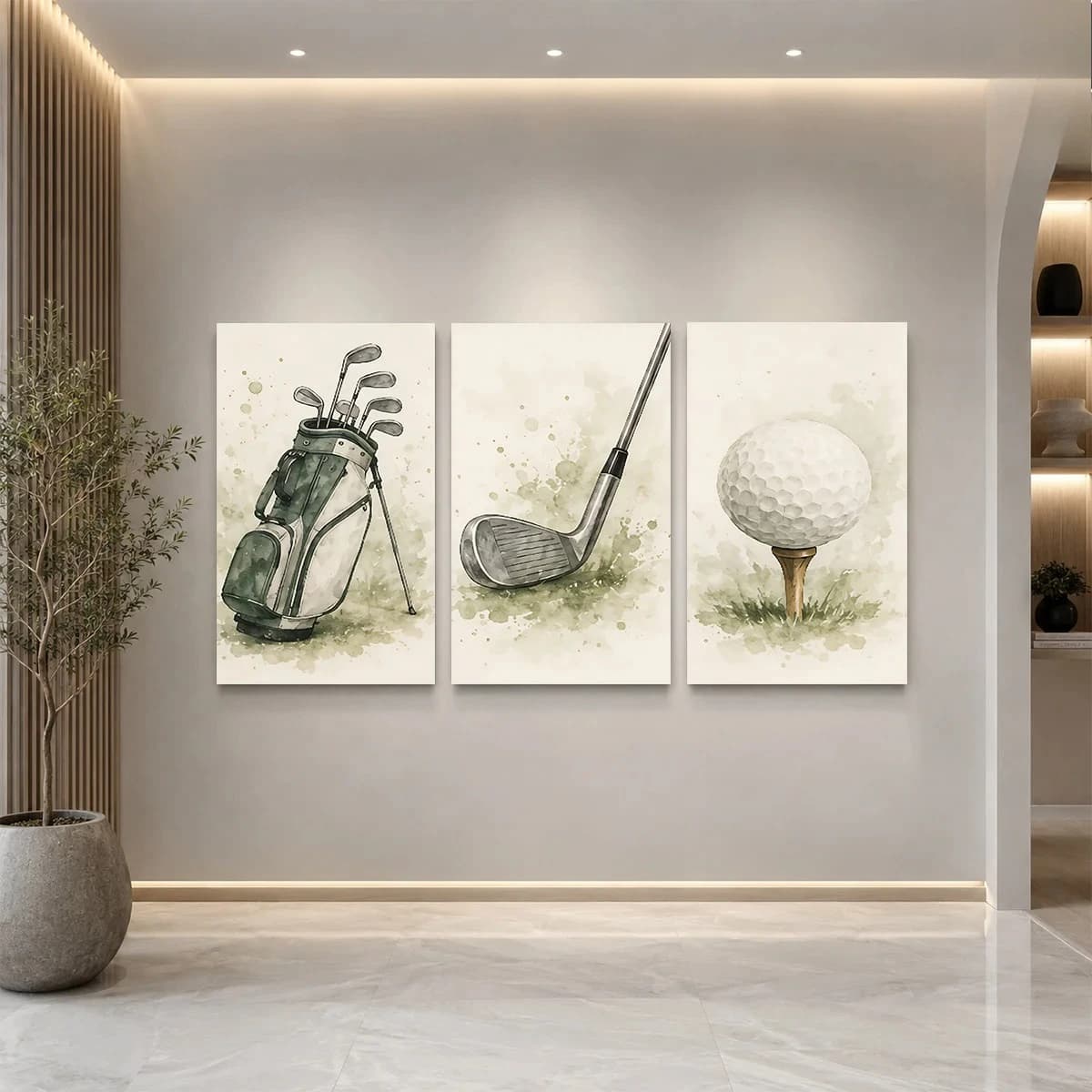 Frameless canvas 2D Flat 3pc Wall Art – Three golf-themed watercolor artworks: bag clubs club and ball on tee perfect for ae