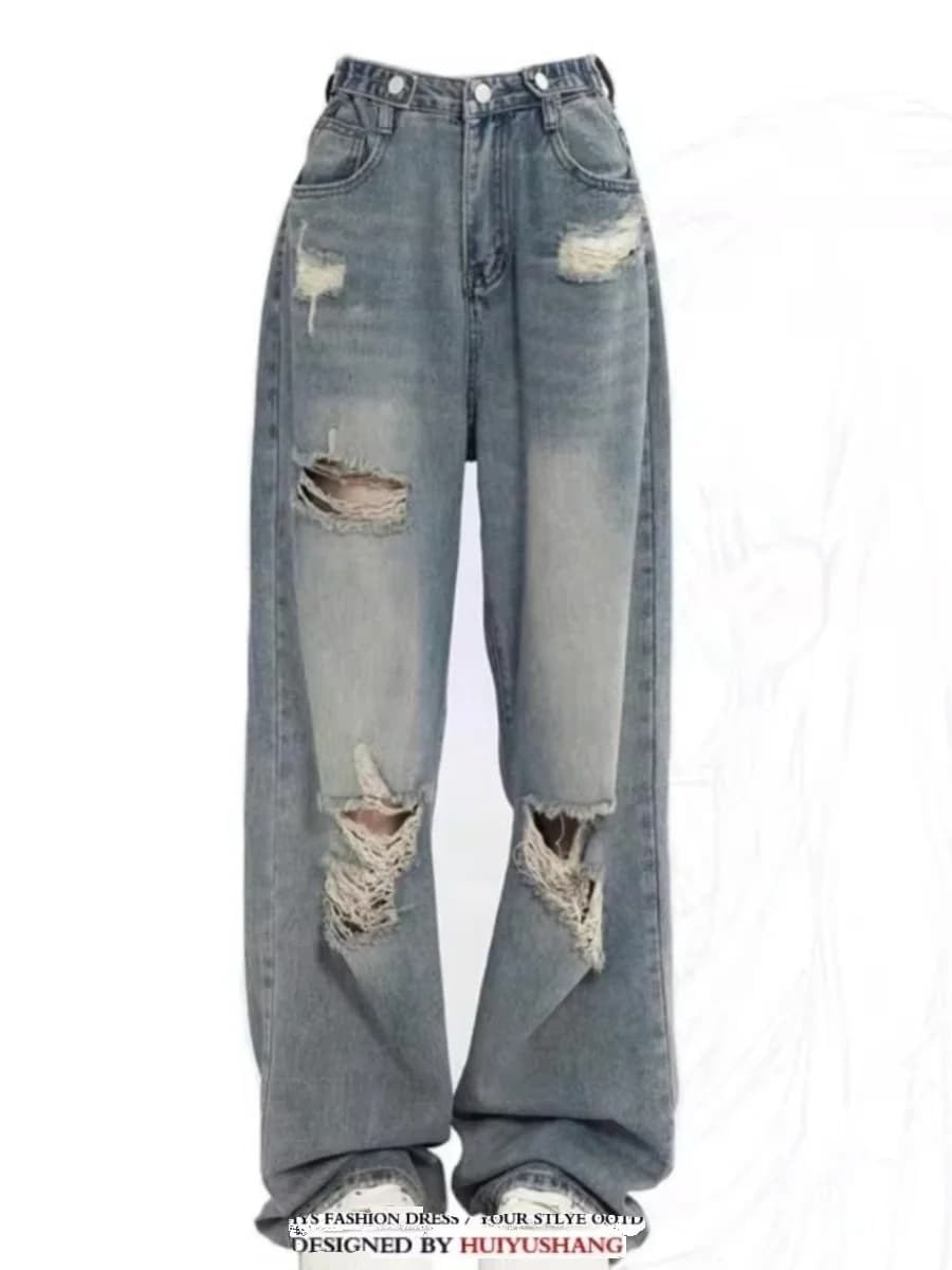 American Sle Retro High Waist Denim Jeans Straight Leg Pants Women plus Size Loose Wide Leg Pants Slimming Long Trousers
