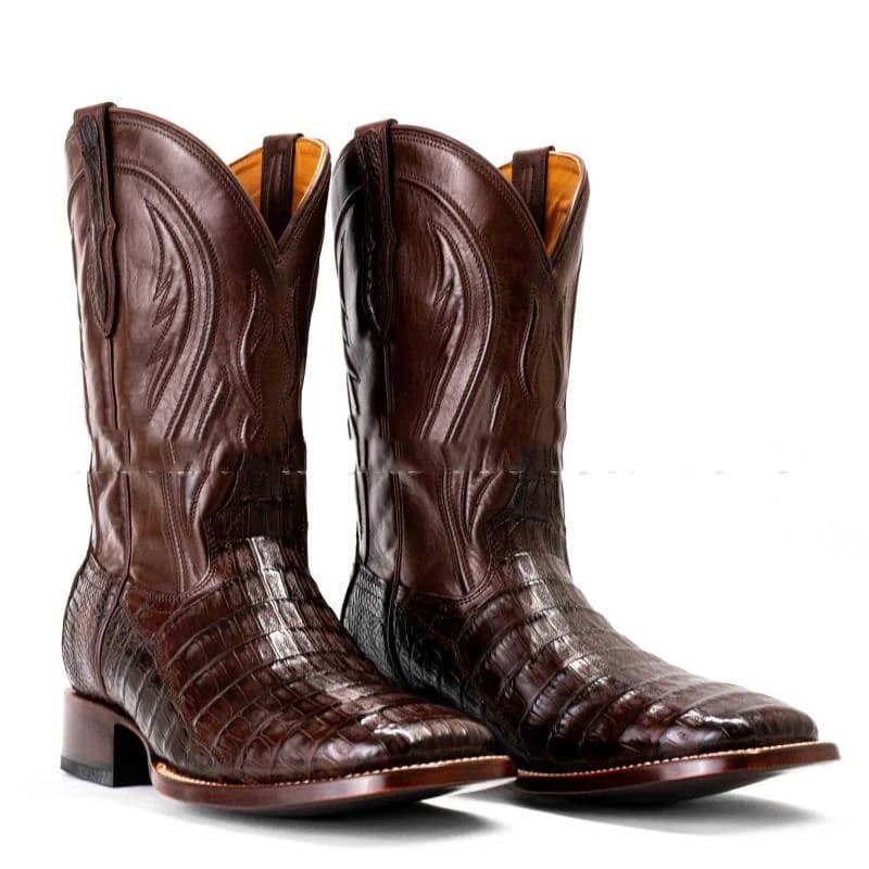 Stivali western da uomo con motivo coccodrillo, punta a punta, tacco da cowboy, stile lussuoso e audace per eventi autunnali/invernali, look di moda