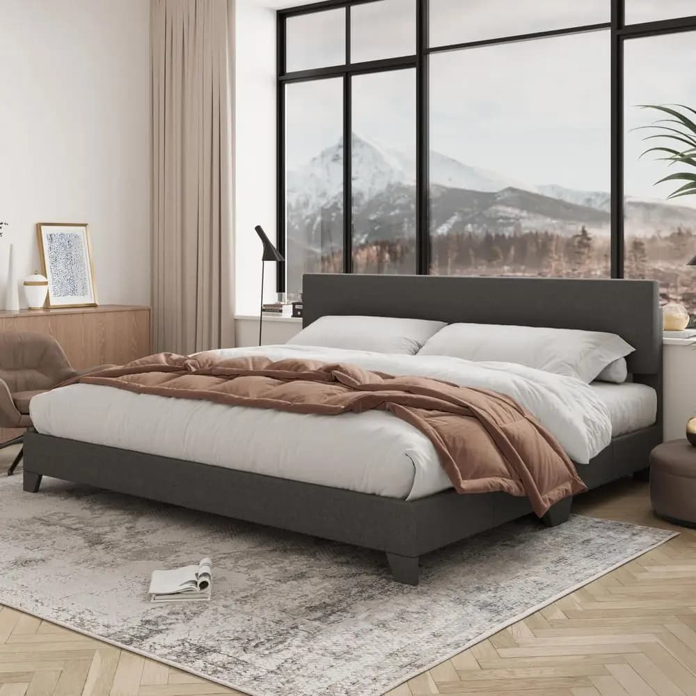 King Size Bed Frame with Adjustable Headboard, Upholstered Platform Bed with Wood Slats, Heavy Duty Mattress Foundation, No Box