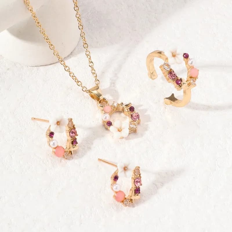4 Piece Set of Fashionable Pink Gold Zircon Earrings, High-end Light Luxury, Rings, Necklaces, Versatile Accessories for Women