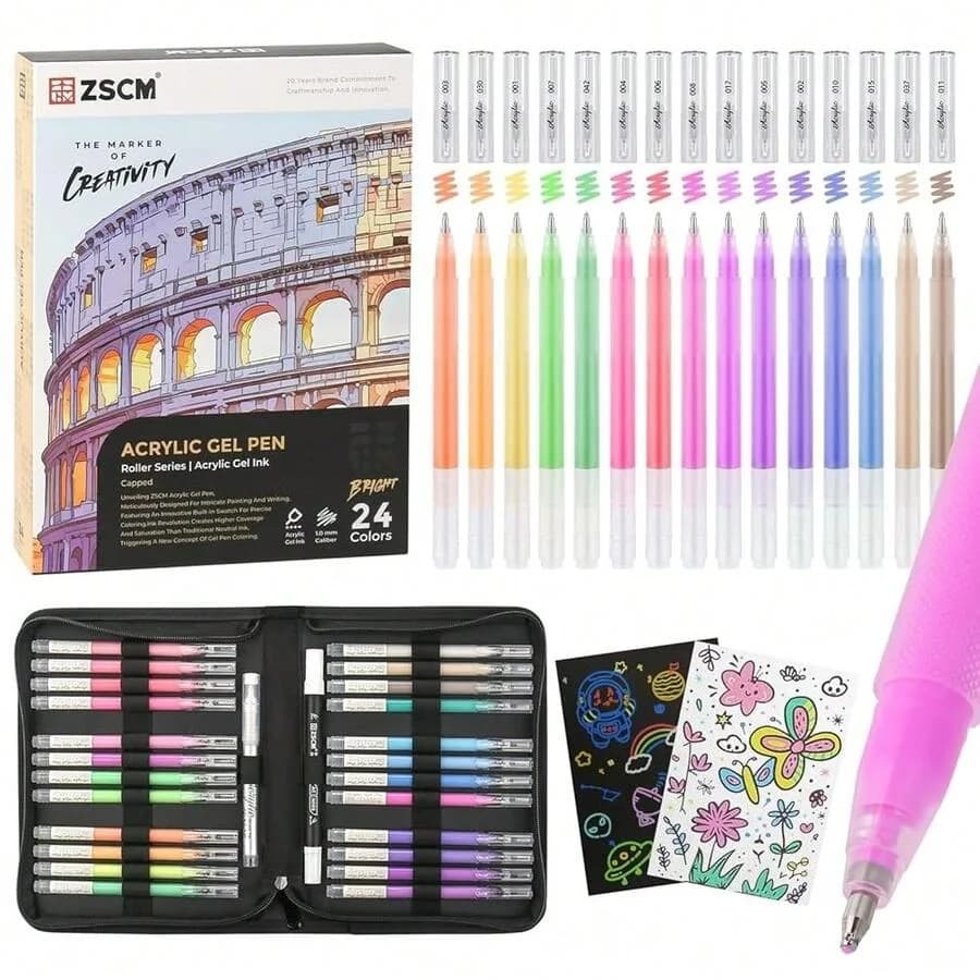 24 Colors 3D Acrylic Gel Pens and Black Paper Sketchbook For Drawing, 1mm Fine Point Acrylic Ink Pen, Opaque Archival Bright In