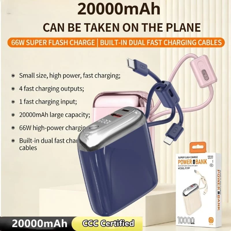 20000mAh Mini Power Bank 66W Super Fast Charging CCC Certified Battery with Cable for Samsung iPhone Xiaomi Huawei