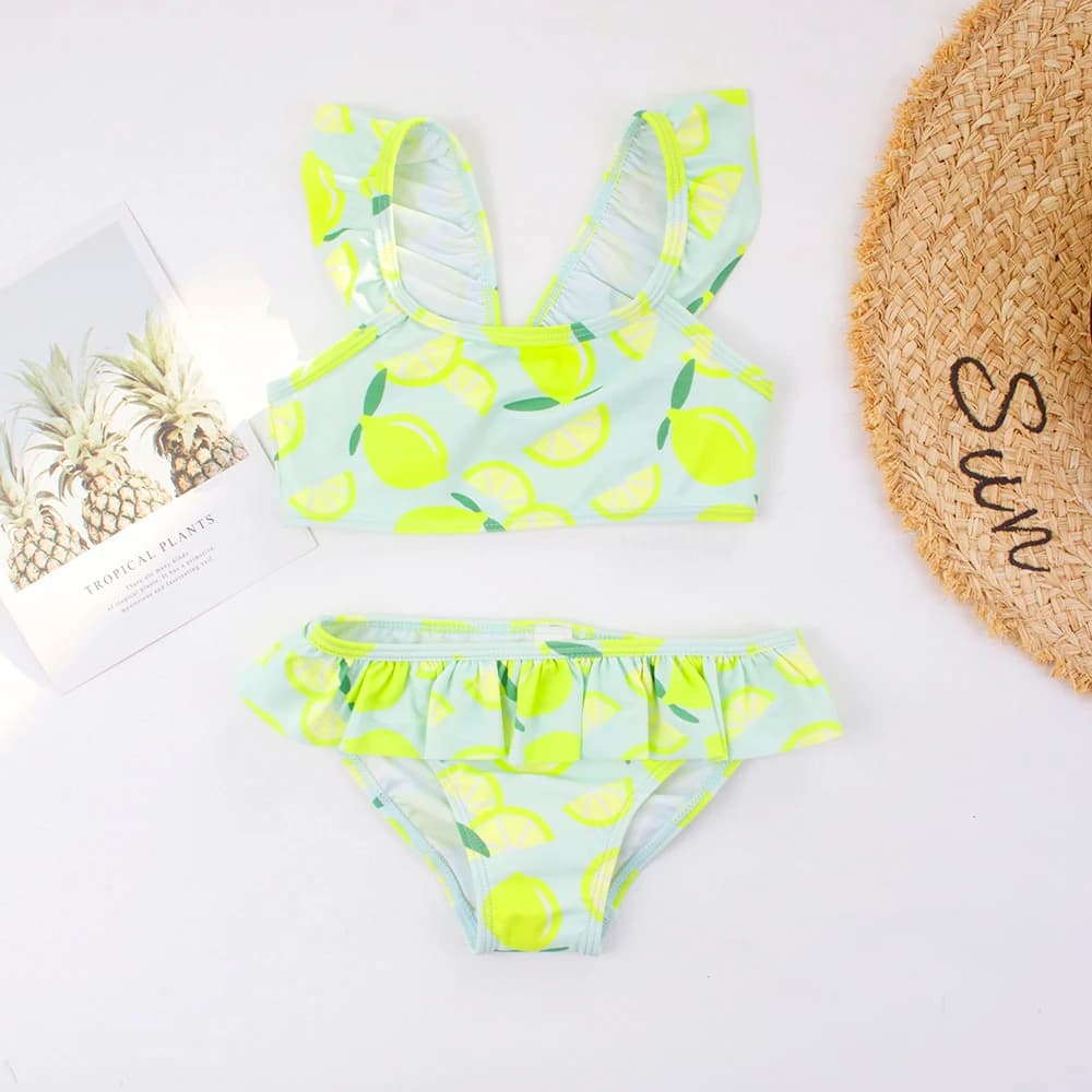 Costume da bagno per bambini con stampa limone con volant Costume da bagno estivo da spiaggia per ragazze carine Set bikini per bambini 3-8 anni Costume da bagno per bambini all'aperto