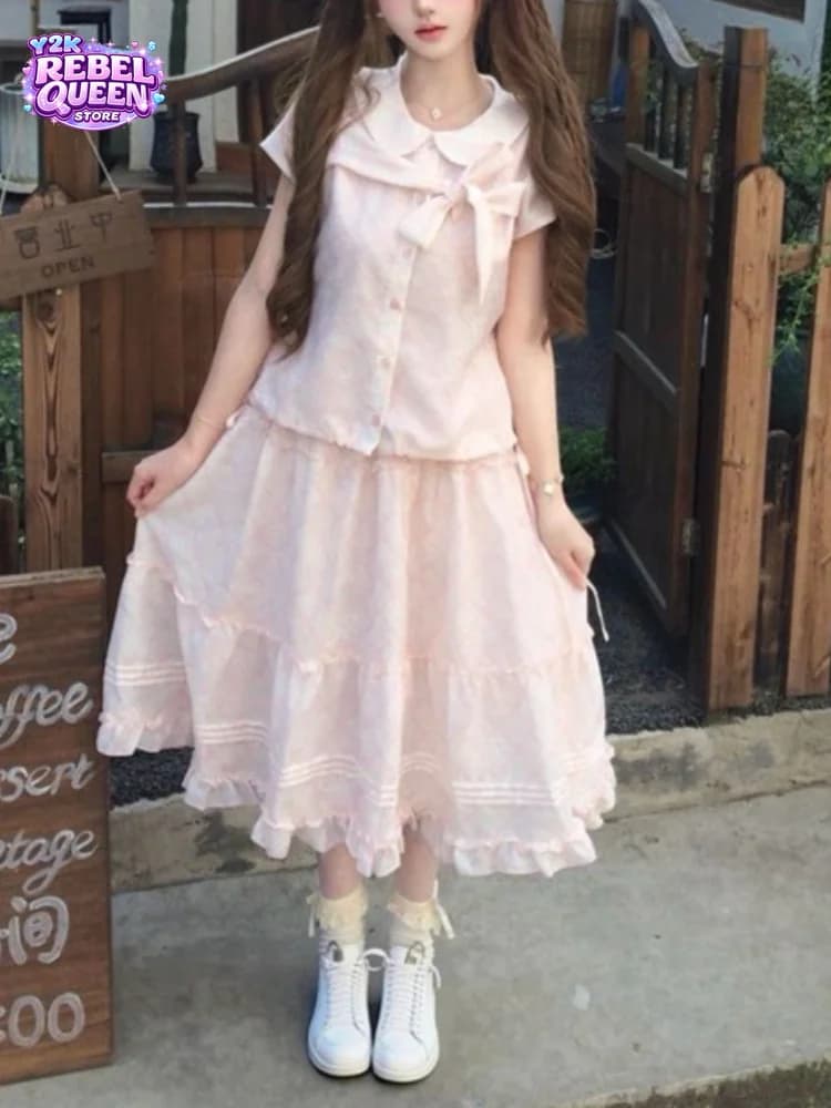 Japanese Vintage Sweet Bow Peter Pan Collar Top + Ruffle Midi Skirt Women's 2 Piece Set Pink Summer Casual Fashion Chic Clothes