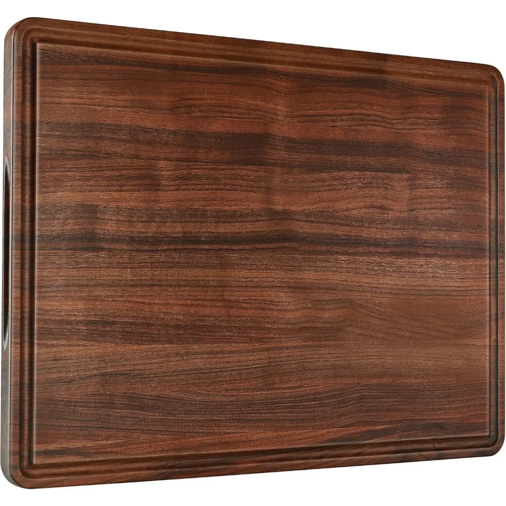 Large cutter in walnut wood, 24x18 inch, with groove for juice, handles, anti-slip mats, reversible and gift box included