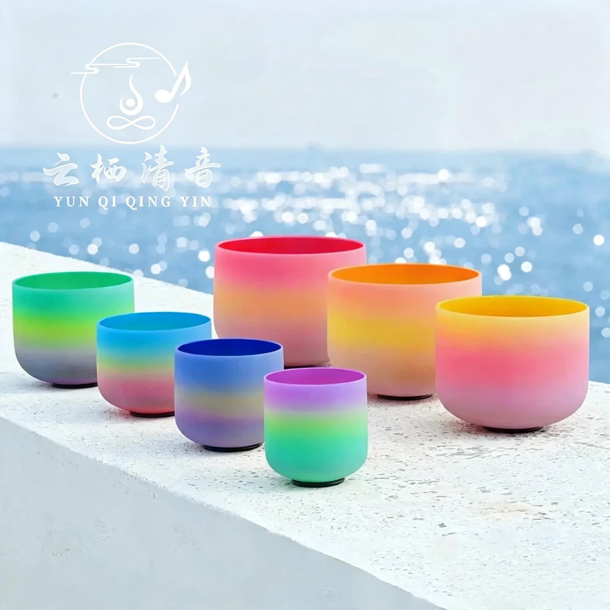 YUN QI QING YIN 6-12 Inch 7Pcs Rainbow Frosted Chakra Crystal Singing Bowls Set With Storage Bags Meditation Sound Healing Quartz Bowl Kit