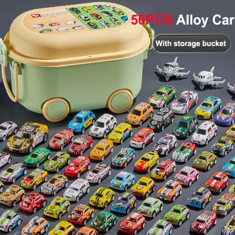 Set di 50 Macchinine Giocattolo in Lega per Bambini, Auto a Retrocarica, Set di Scacchi Volanti, Giocattolo Educativo per Bambini, Regalo con Scatola di Conservazione