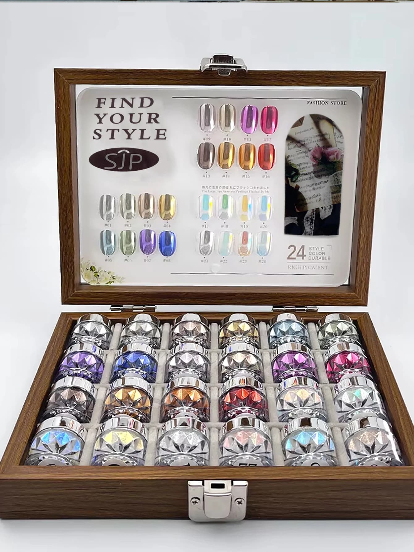 Set di specchi per nail art lucido rosa chiaro di luna da 1/24 colori con carte colorate e scatola portaoggetti. Nail Art fai da te, Nail Art artistico Charmi
