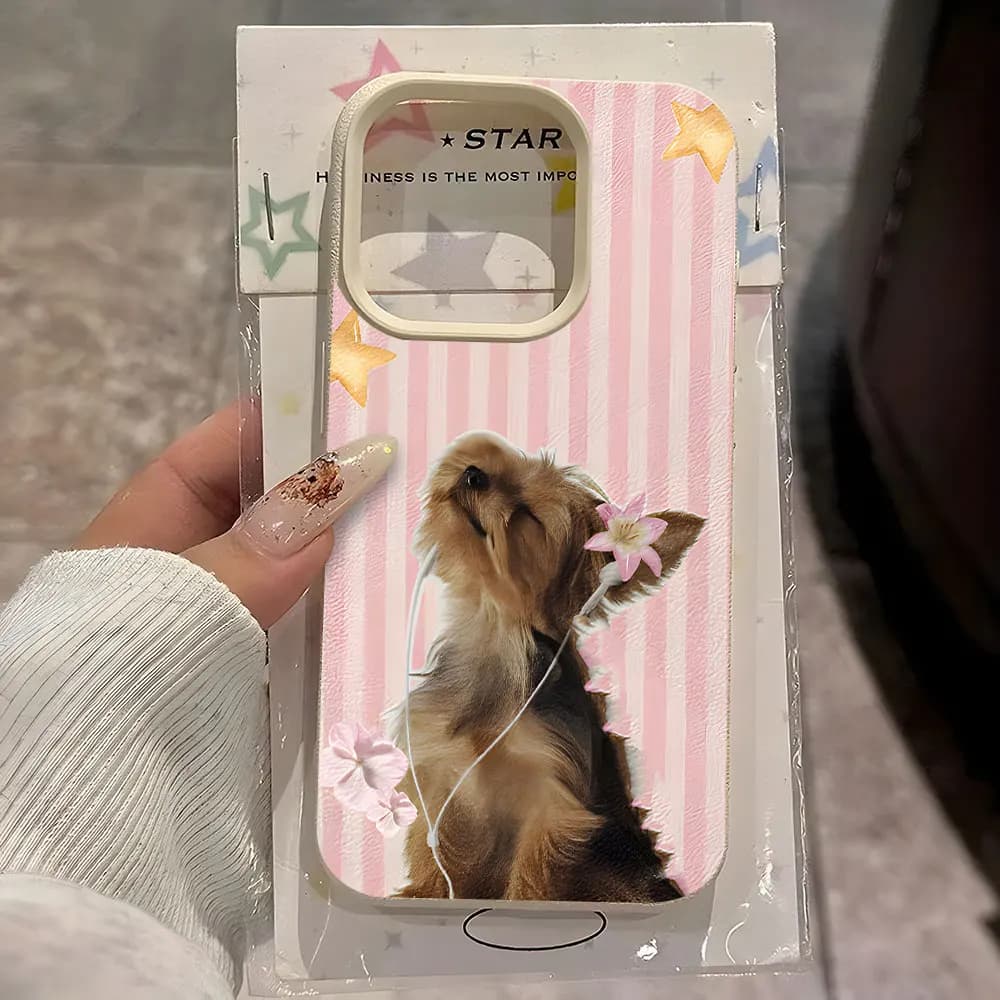 Cute Dog Pink Flower Stripe Lychee Soft Phone Case For iPhone 17 Air 16 15 14 13 12 11 Pro Max 14 Plus X Xs XR Shockproof Cover