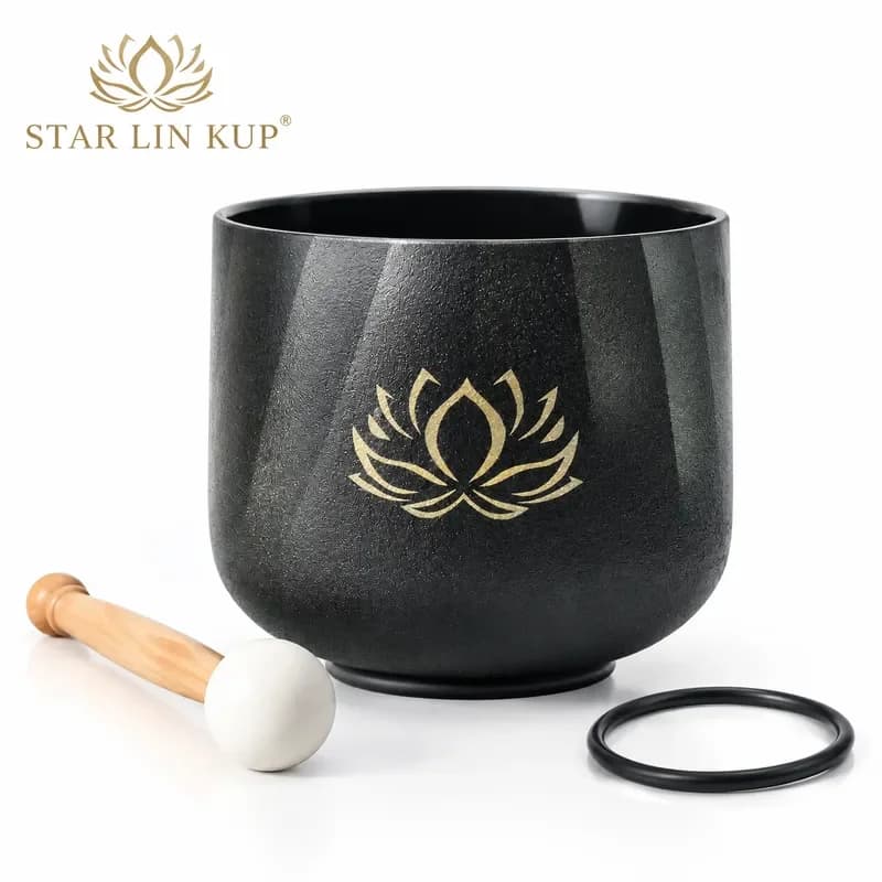 STAR LIN KUP 6 Inch Black Lotus Quartz Crystal Singing Bowl Double Tone Sound Healing Meditation Chakra Balance with Mallet