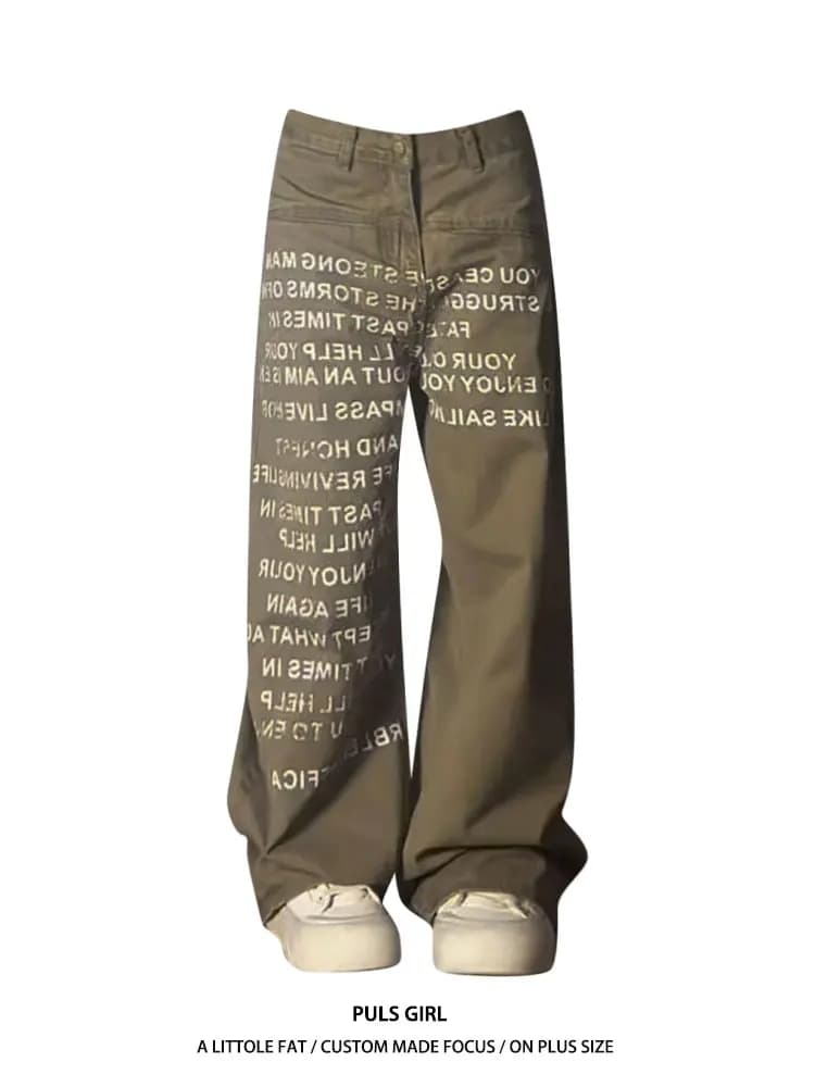 American Retro Washed Letter Print Wide Leg Jeans Women's Loose Slimming Casual High Waist Street Style plus Size Pants