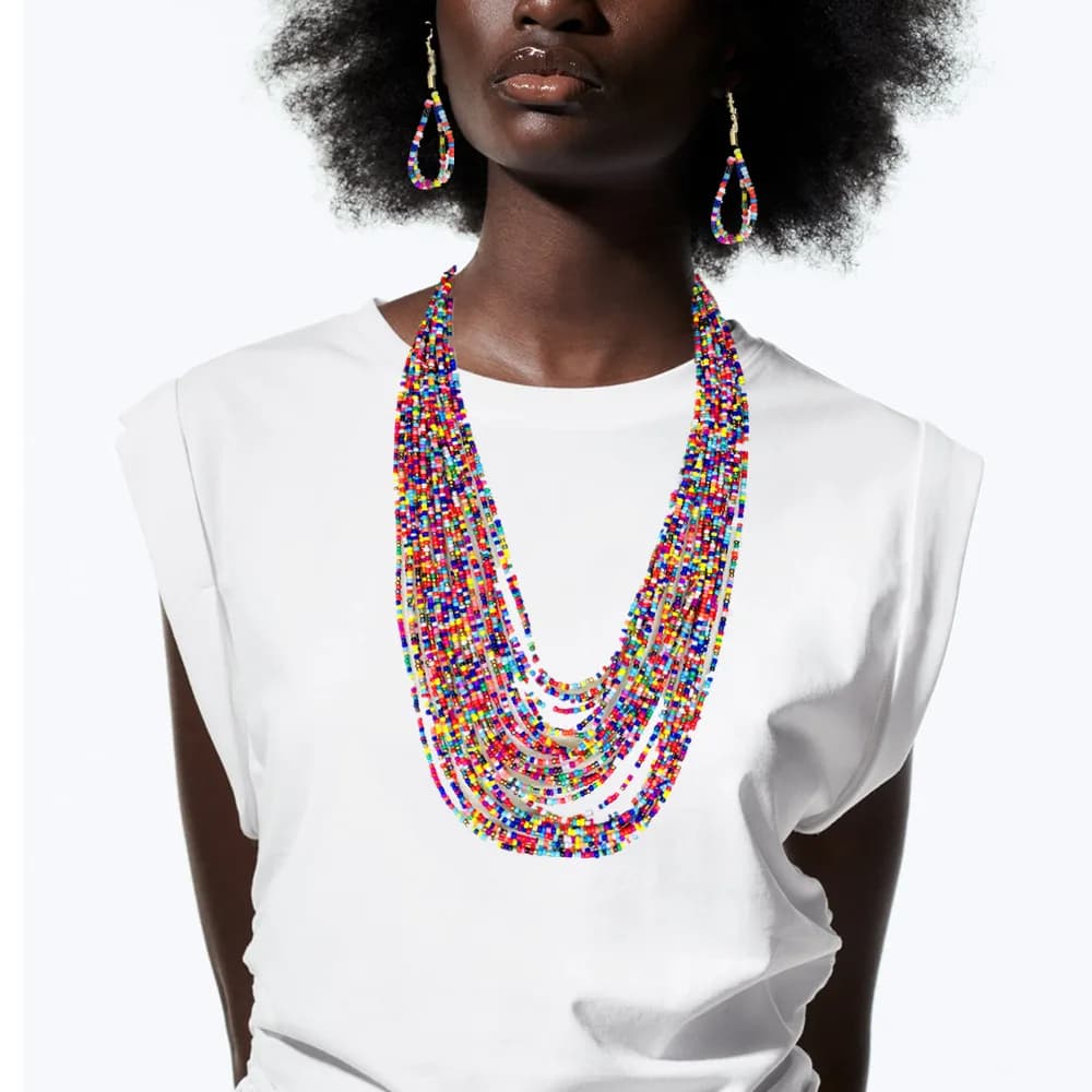 Collana con perline di riso in stile etnico, collana con perline colorate multistrato, nuova collana all'ingrosso di gioielli transfrontalieri