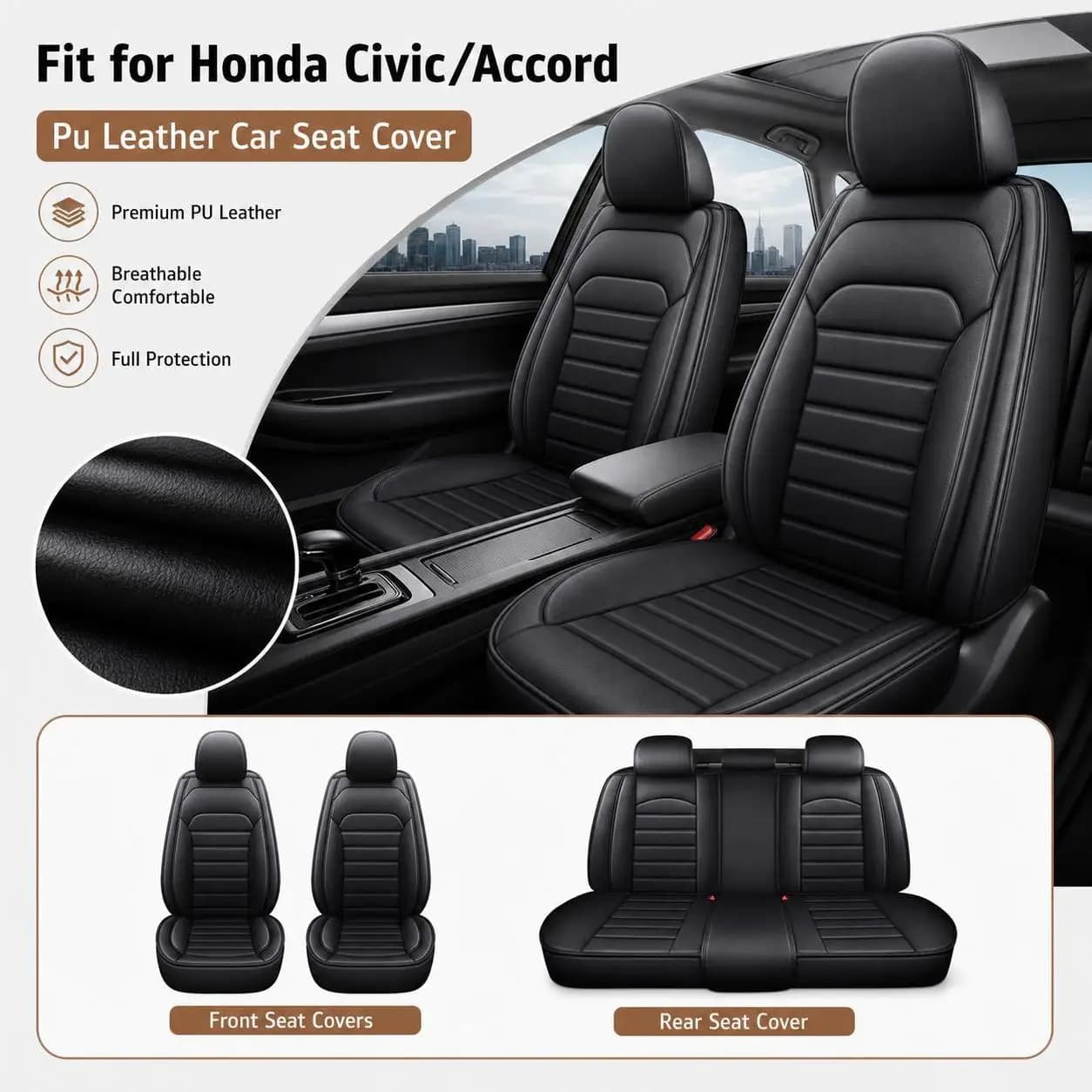 Fit for Honda Civic/Accord Universal Anti-Slip Waterproof Pu Leather Car Seat Cover 2/5 Seats Front & Rear with Storage Pouch