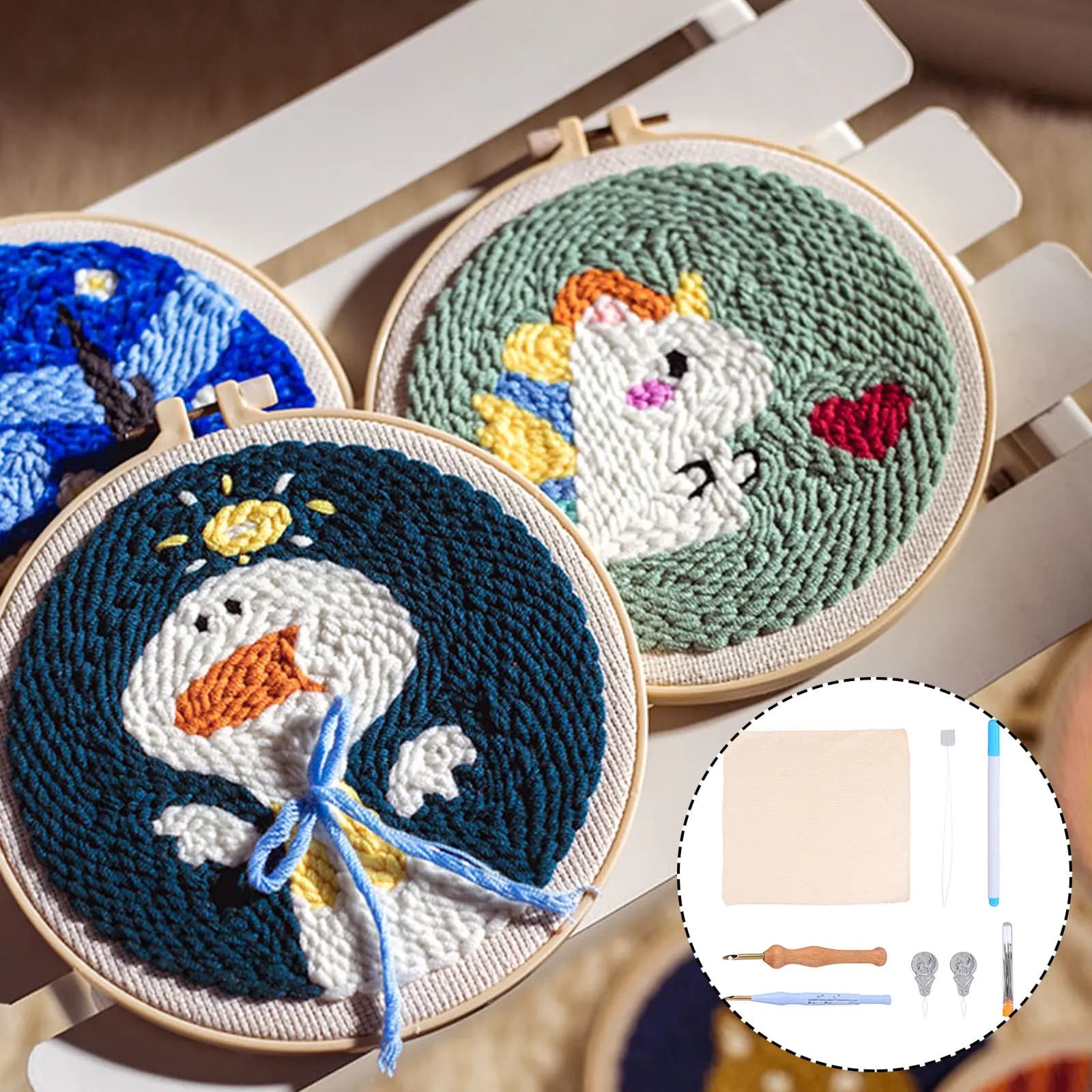 Set Completo per Punch Needle con Manico in Legno e Punta in Metallo per Ricamo Fai-da-Te, Punto Croce, Arte Decorativa, Adatto ai Principianti, Liscio e Pratico